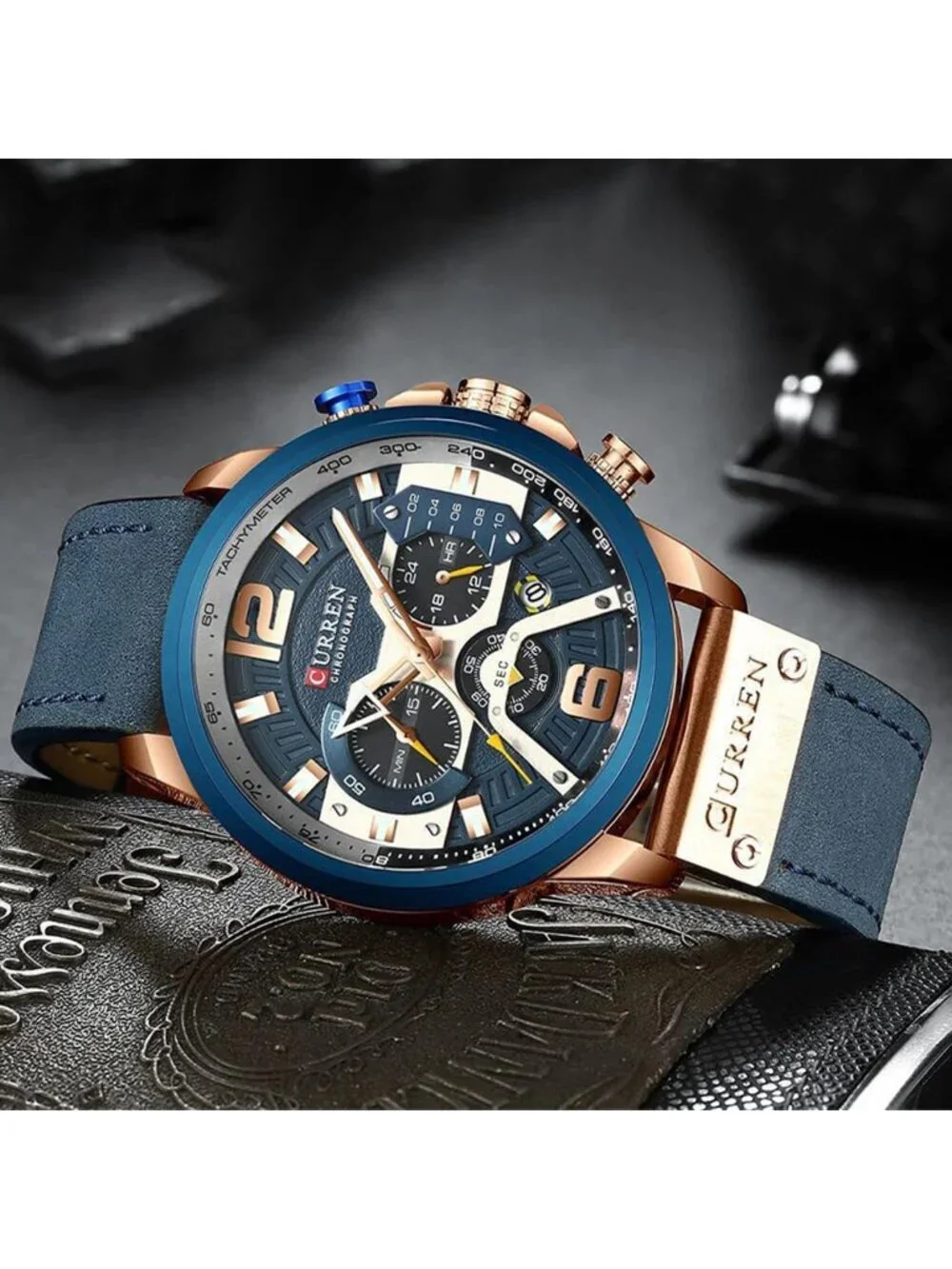 Men's Blue Rose Gold Analog Waterproof Leather Strap Chronograph Luxury Watch